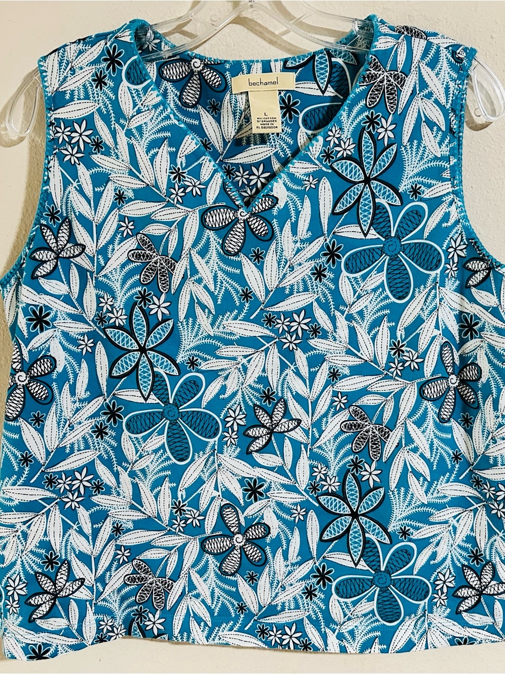 Bechamel Cotton Teal and White Floral V-Neck Top